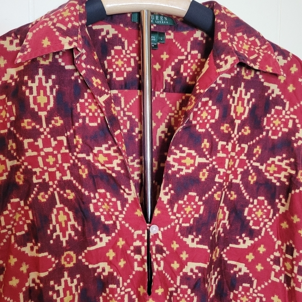 Vintage Lauren Ralph Lauren Cotton Red Gold Medallion Ikat Tunic Blouse - Picture 5 of 9